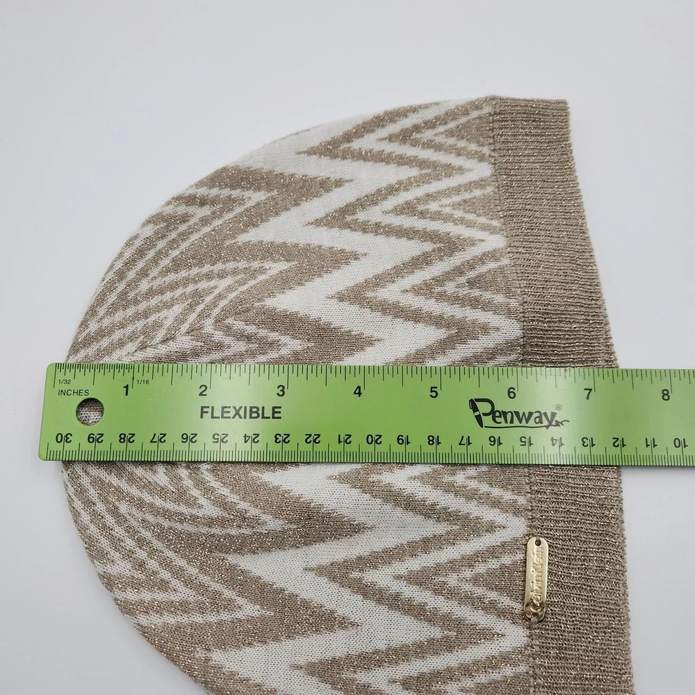 Calvin Klein Hat Cap Womens Medium Tan White Metallic Zigzag Knit Beanie Soft CK